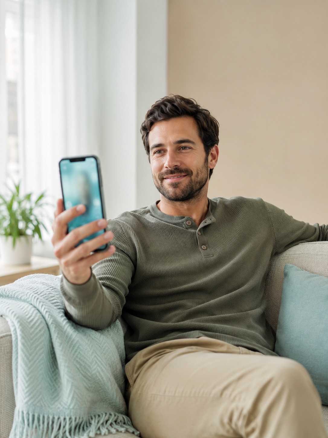 A man relaxing on his sofa, reading his health report on a phone