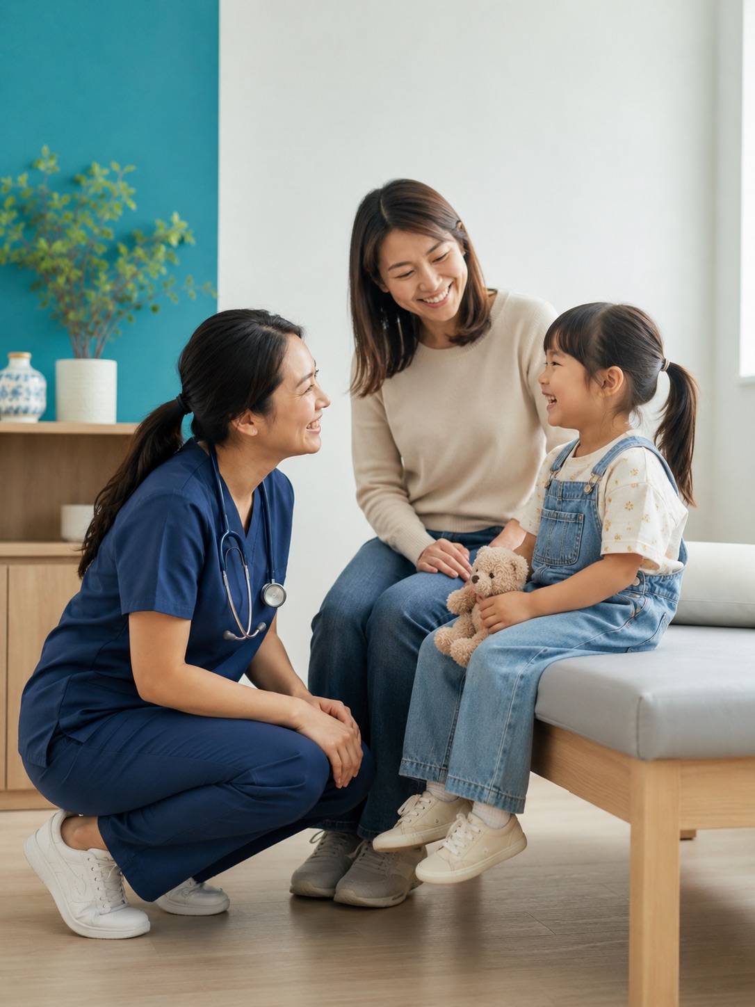 A nurse kneeling to speak with a smiling child and her mother during a home visit