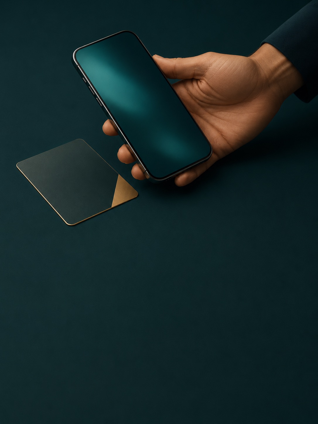 A hand holding a phone beside a payment card on a deep teal surface