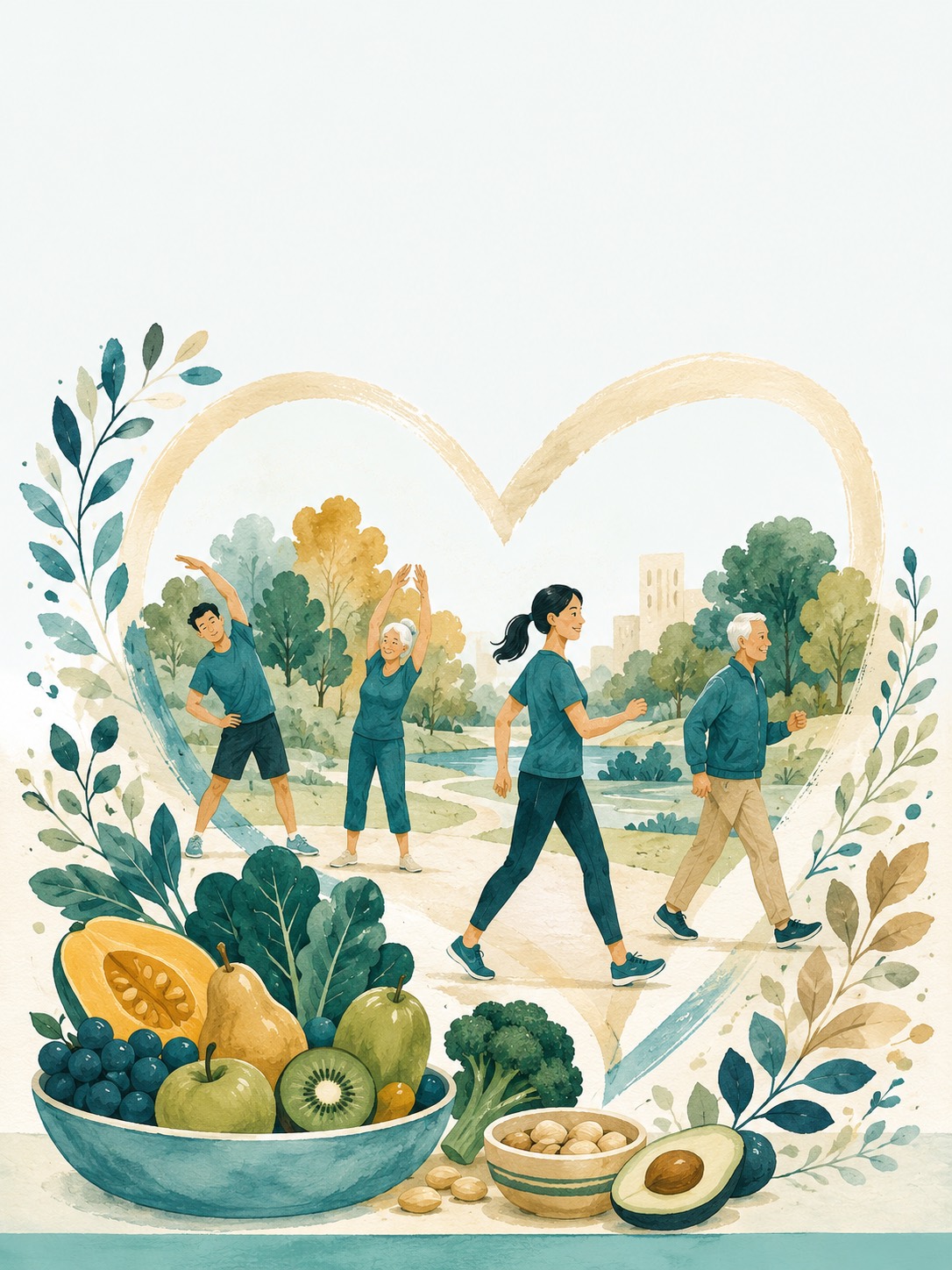 A painted illustration of people walking and stretching outdoors beside a bowl of fresh fruit and vegetables